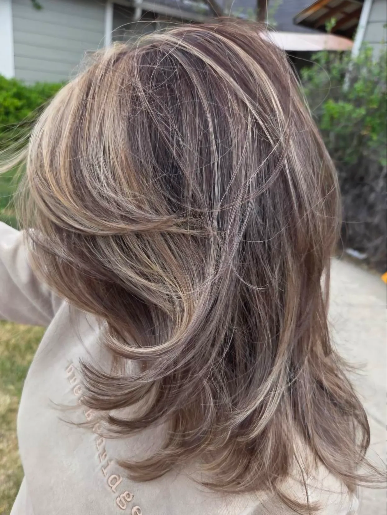 Ash blonde and grey-blended dimensional layers