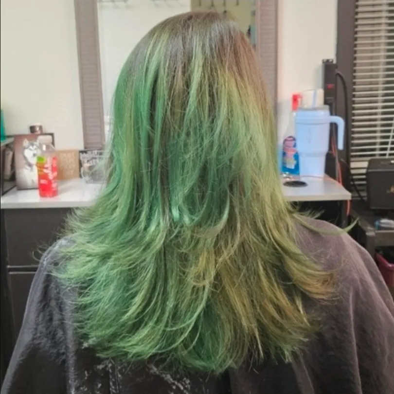 Soft green colour melt on layered hair